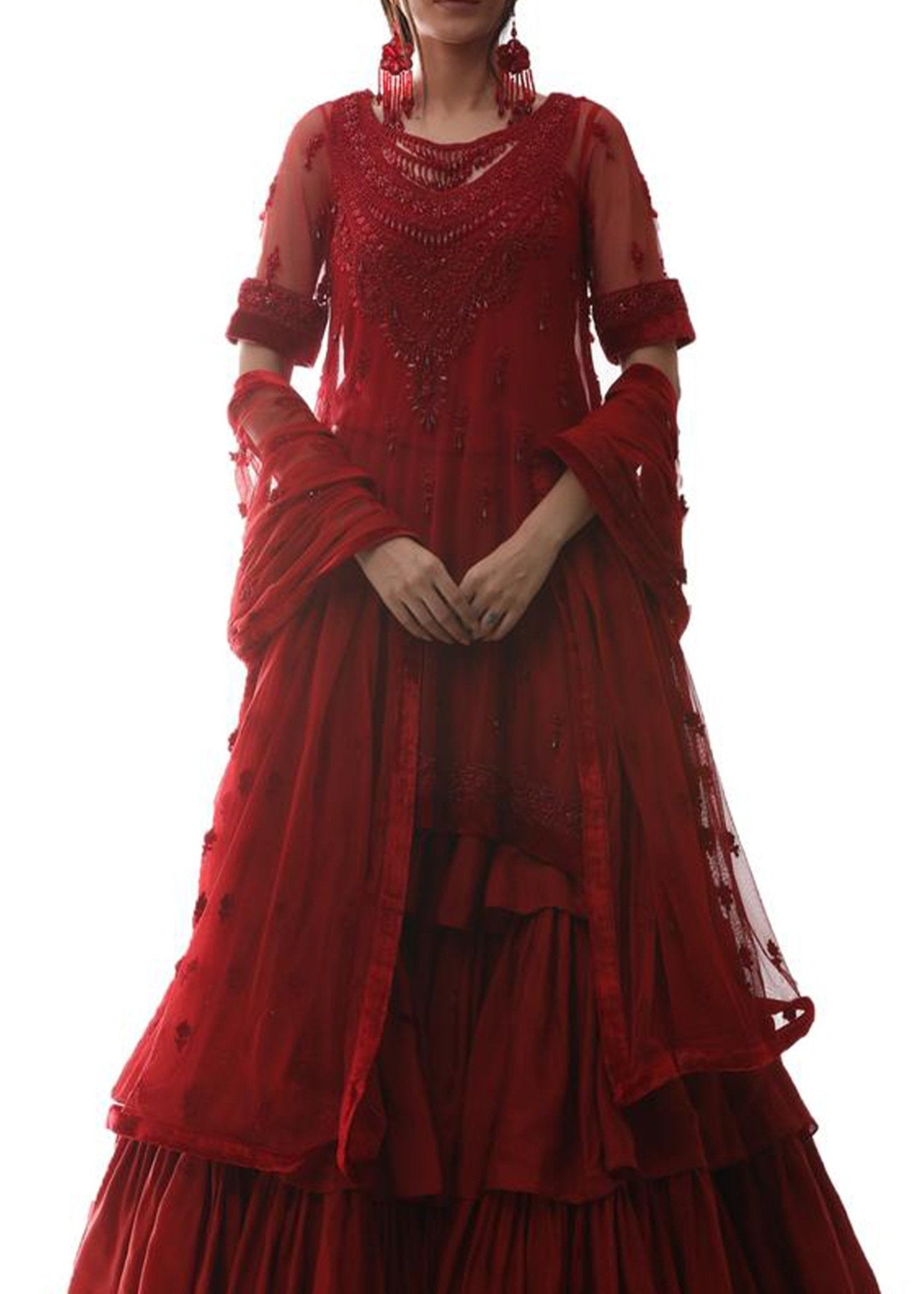 Red Swarovski Embellished Korean Net Anarkali Dress (2-Piece) - Image 1