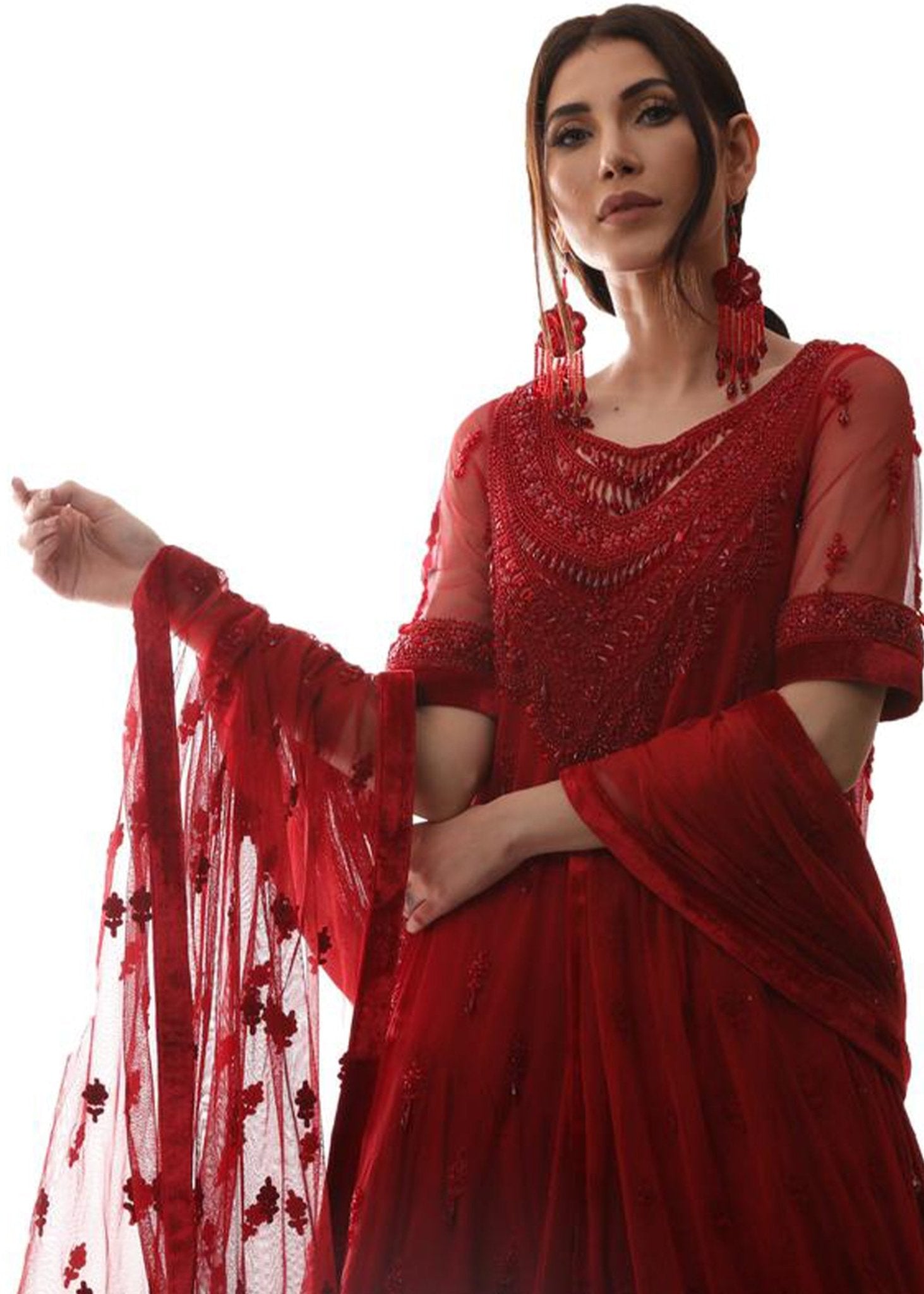 Red Swarovski Embellished Korean Net Anarkali Dress (2-Piece) - Image 2