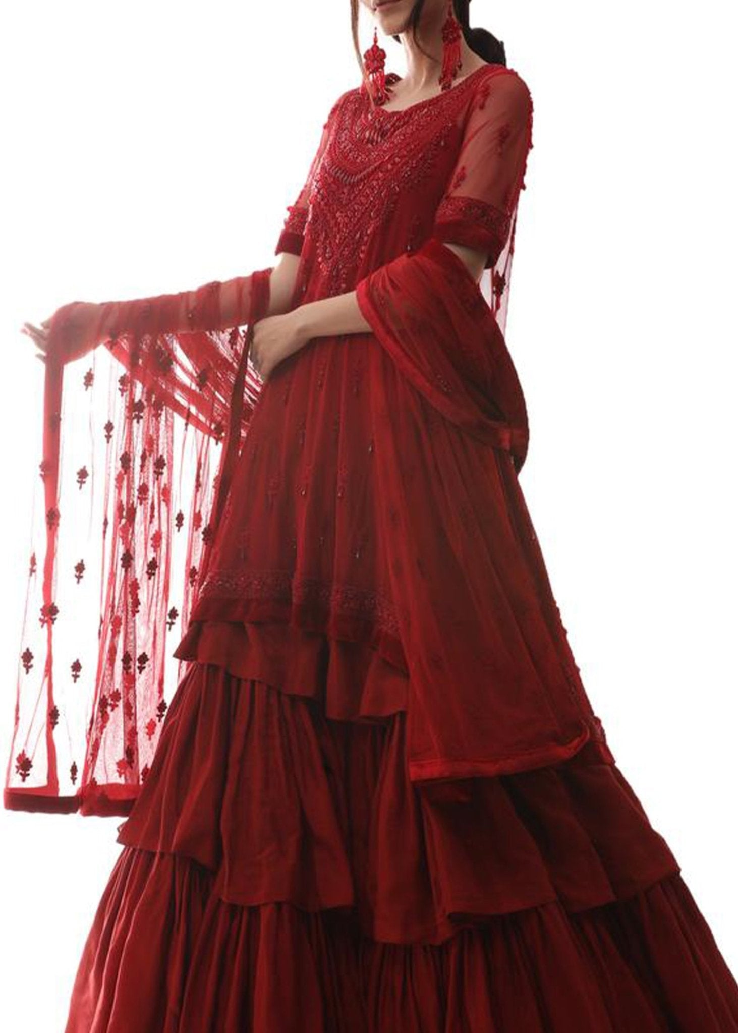Red Swarovski Embellished Korean Net Anarkali Dress (2-Piece) - Image 3