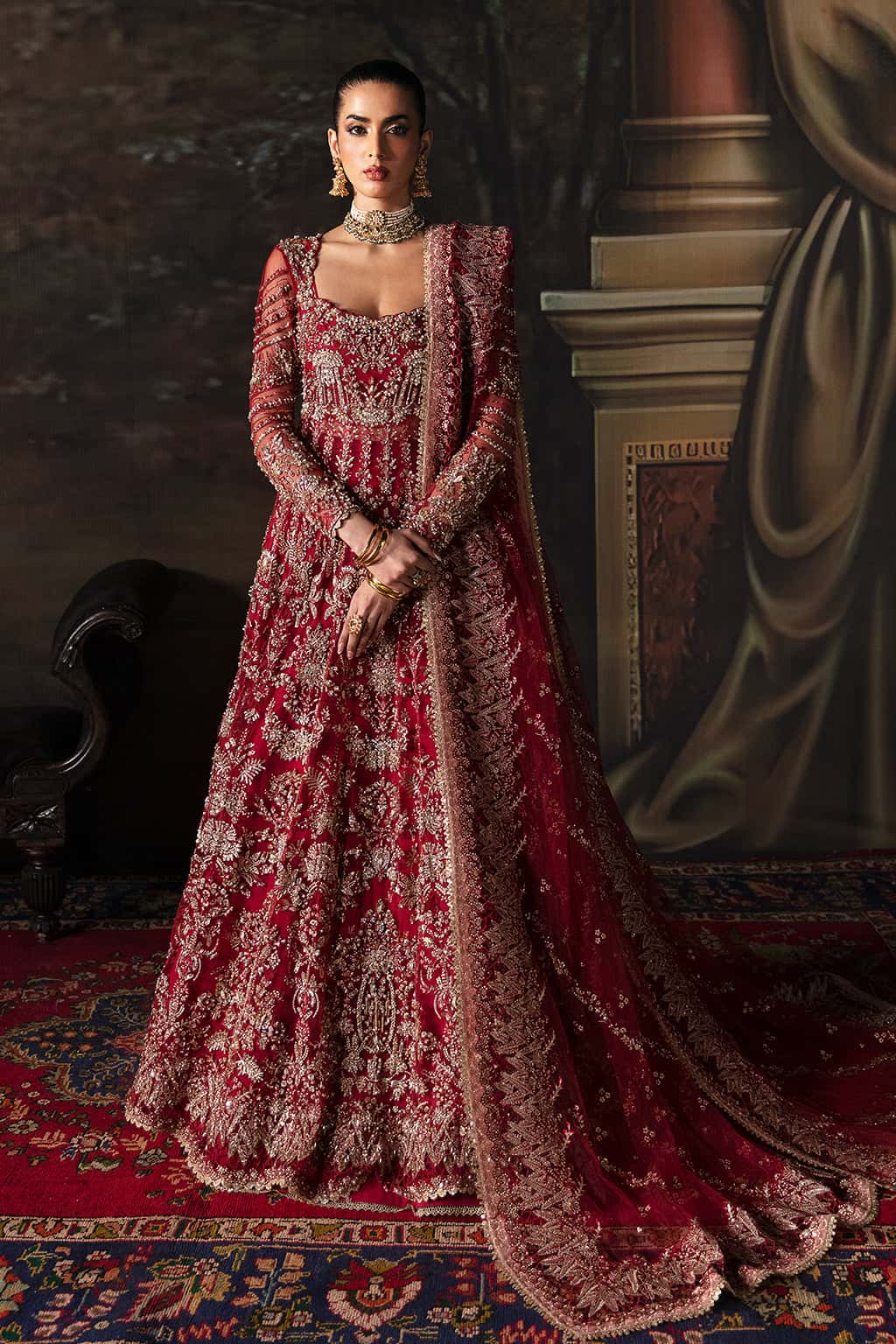 Brick Red Hand-Embellished Net Organza Anarkali (2-Piece) - Image 1