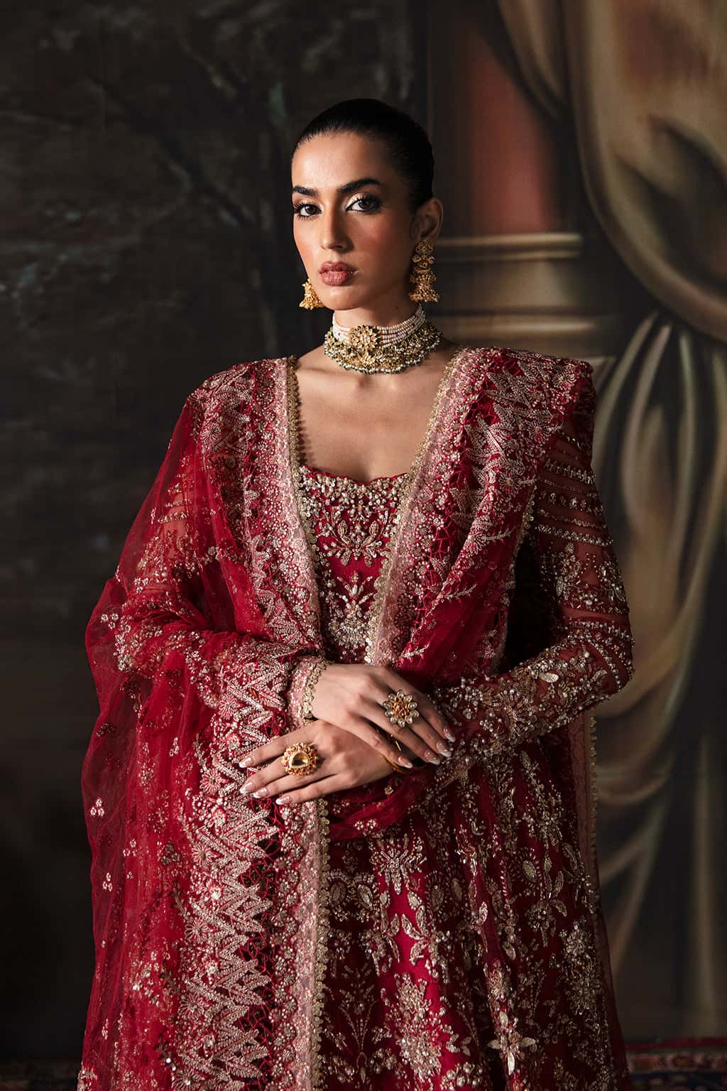 Brick Red Hand-Embellished Net Organza Anarkali (2-Piece) - Image 4