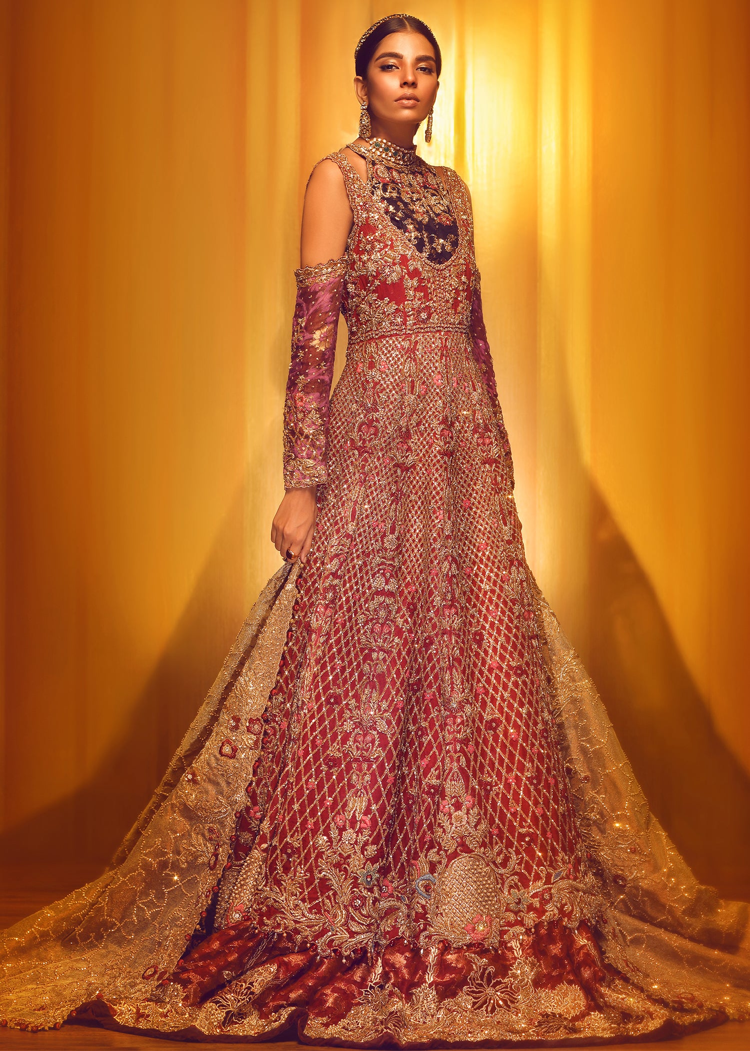 Deep Red Gold Embroidered Net Silk Anarkali (2-Piece) - Image 1