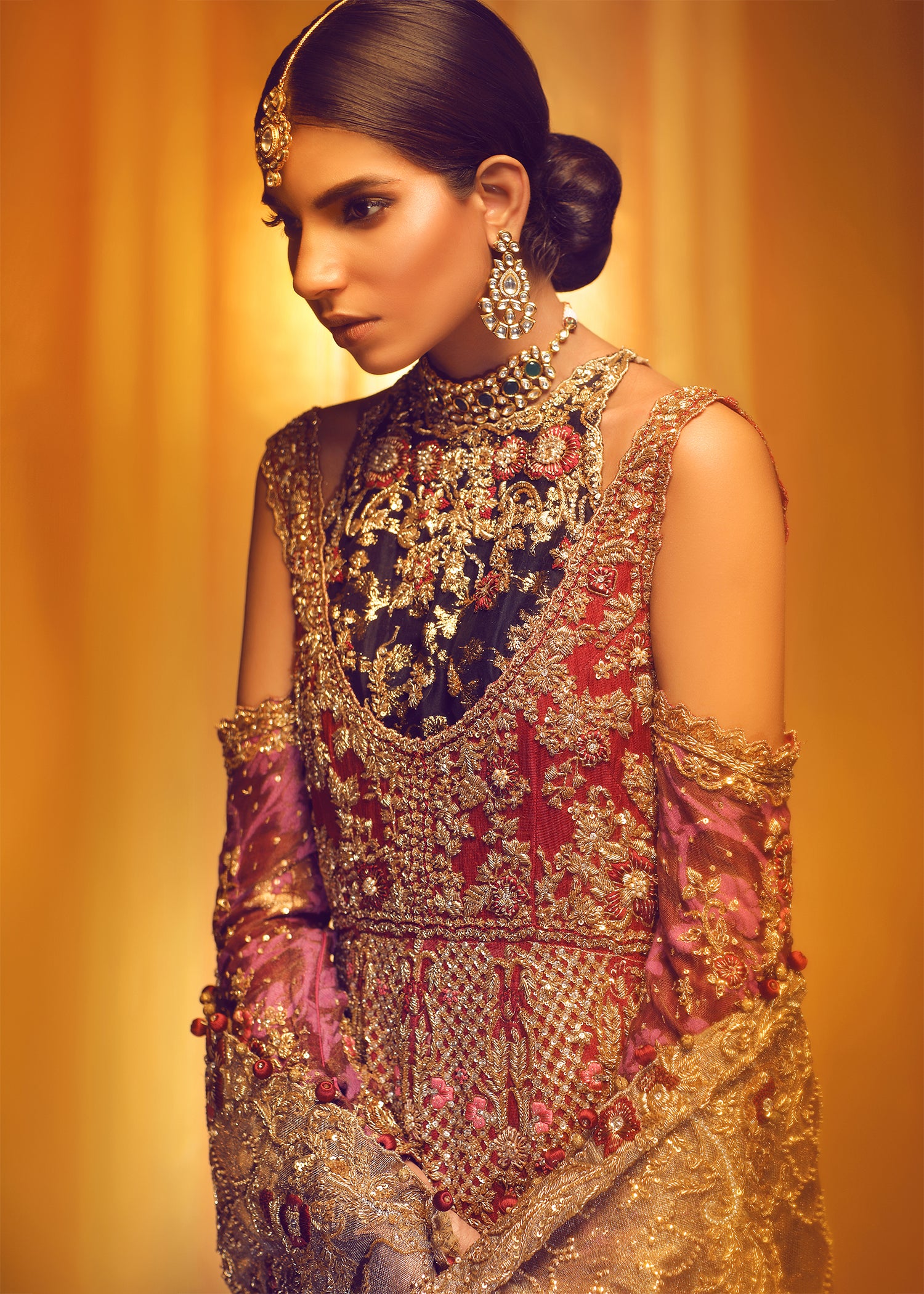 Deep Red Gold Embroidered Net Silk Anarkali (2-Piece) - Image 3