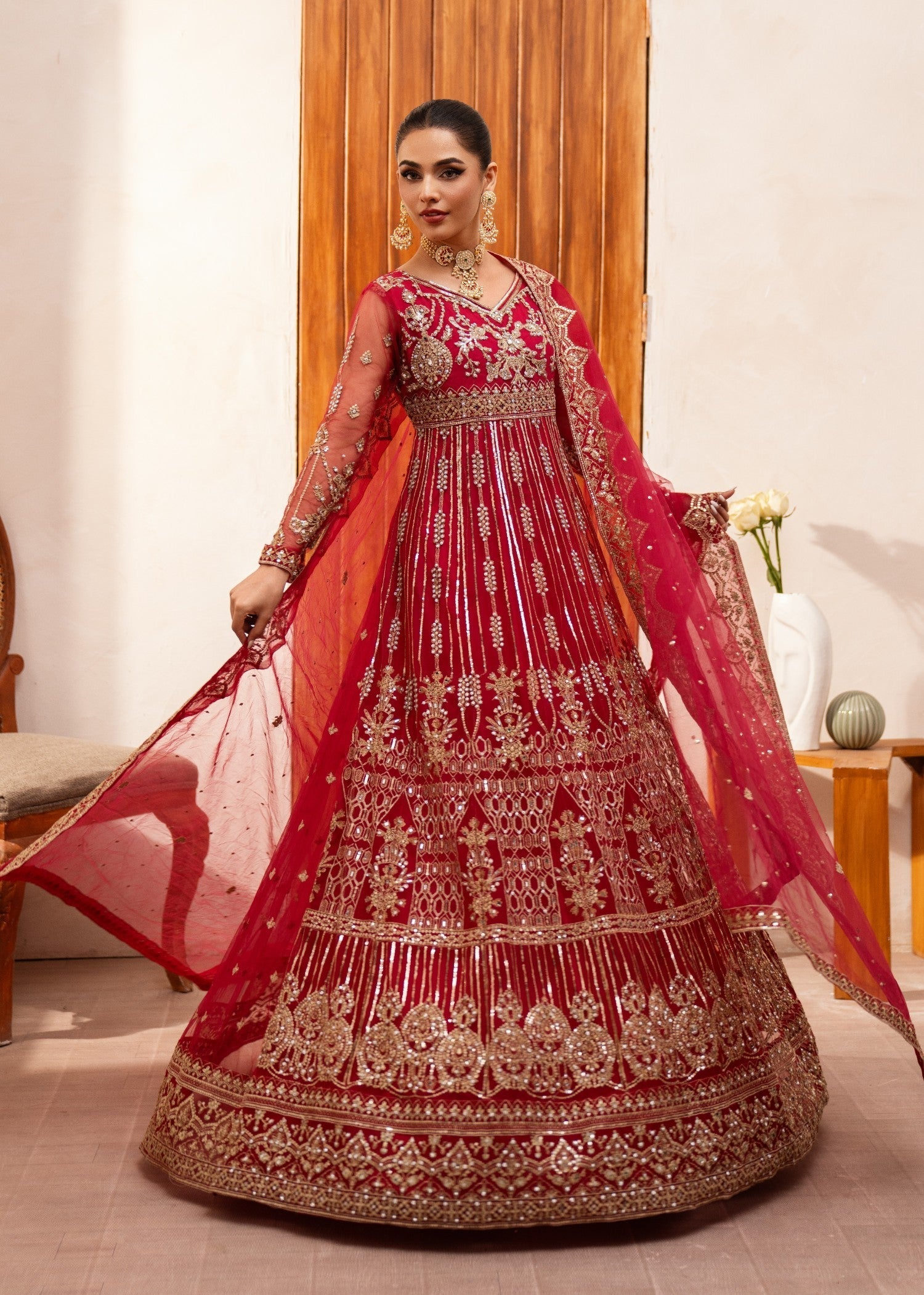 Pakistani Fuchsia Zardozi Net Anarkali Dress (2-Piece) - Image 1