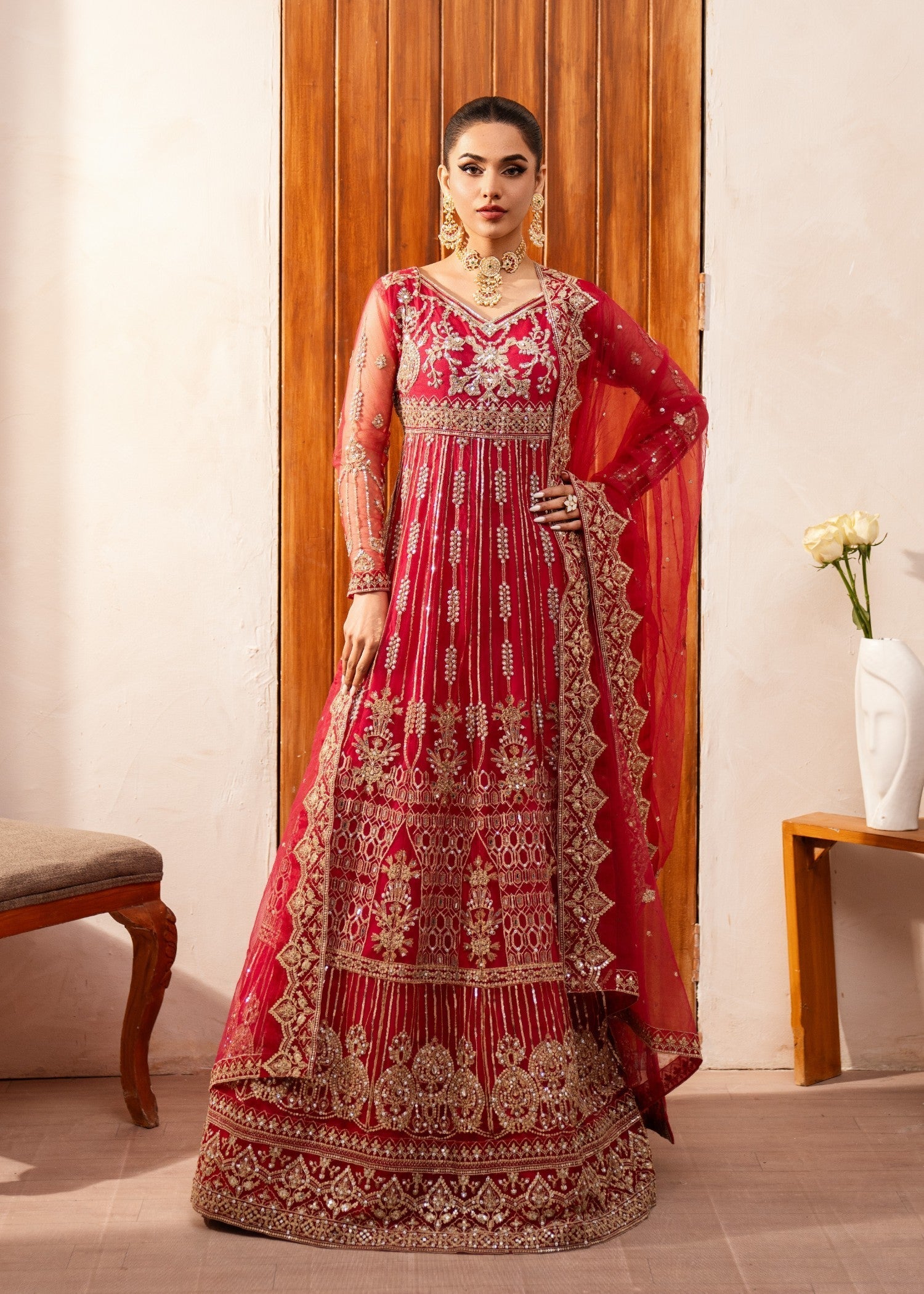 Pakistani Fuchsia Zardozi Net Anarkali Dress (2-Piece) - Image 2