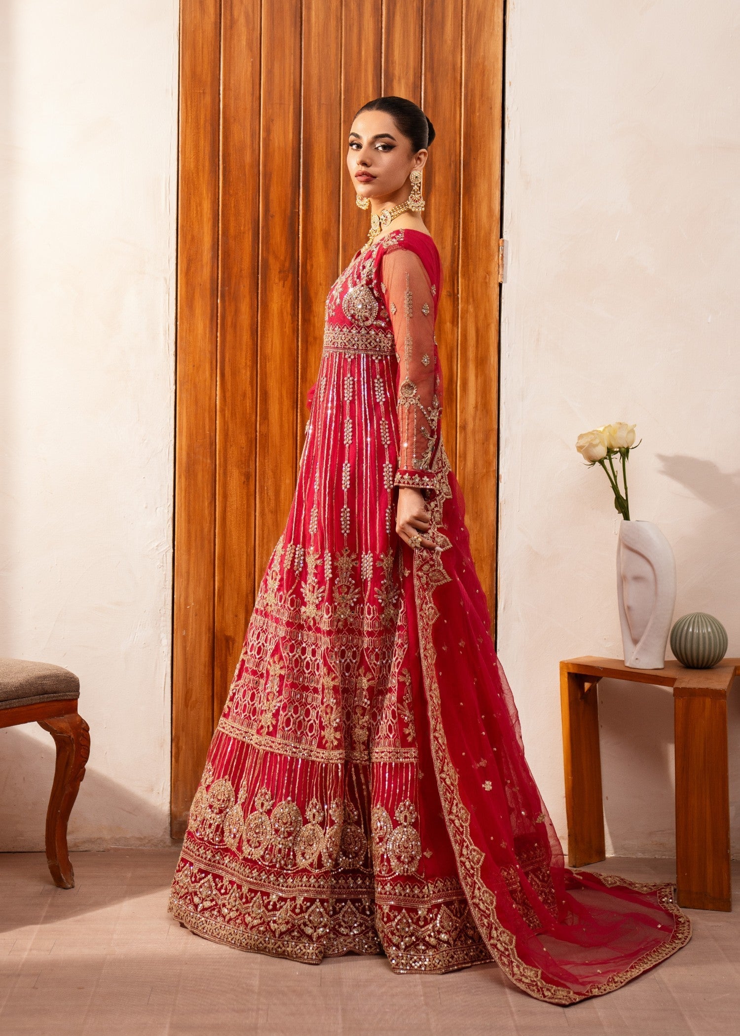 Pakistani Fuchsia Zardozi Net Anarkali Dress (2-Piece) - Image 3