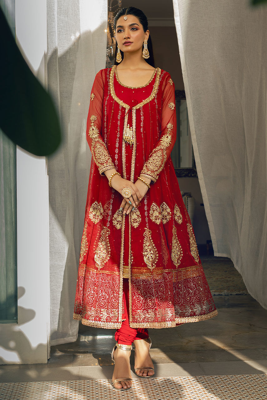 Pakistani Red Embroidered Organza Anarkali Dress (2-Piece) - Image 1