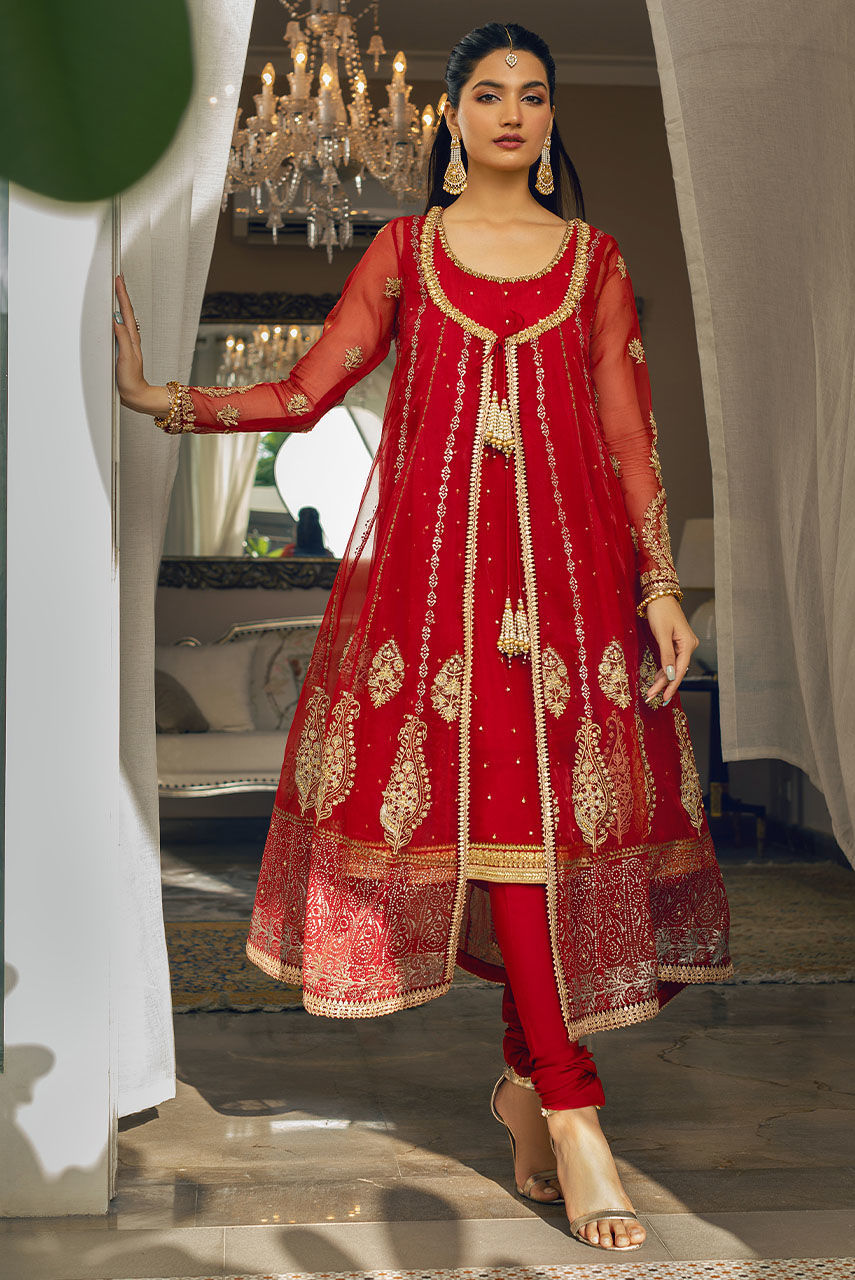 Pakistani Red Embroidered Organza Anarkali Dress (2-Piece) - Image 2