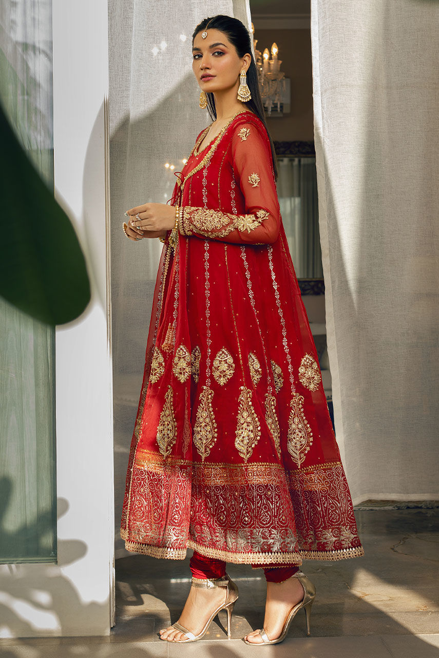 Pakistani Red Embroidered Organza Anarkali Dress (2-Piece) - Image 3