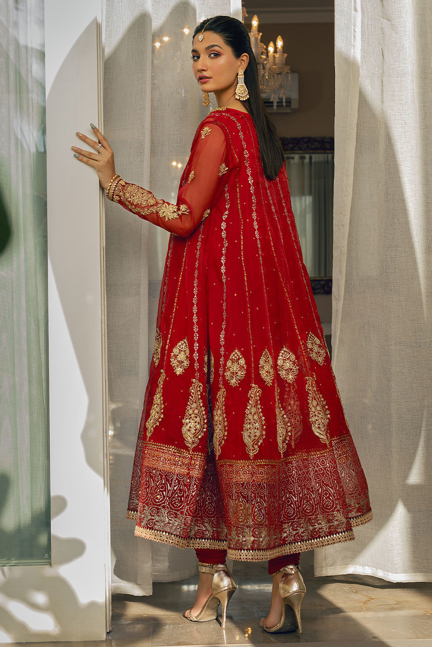 Pakistani Red Embroidered Organza Anarkali Dress (2-Piece) - Image 4