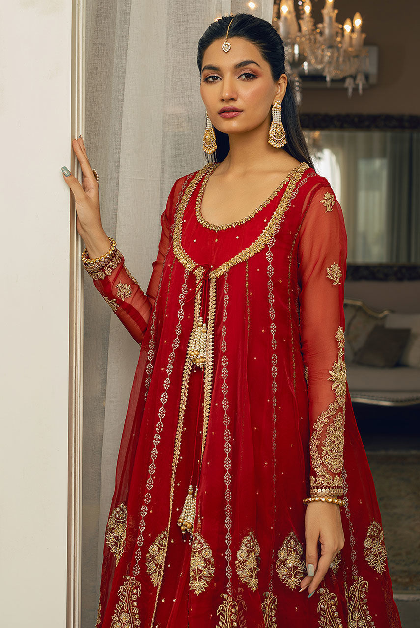 Pakistani Red Embroidered Organza Anarkali Dress (2-Piece) - Image 5