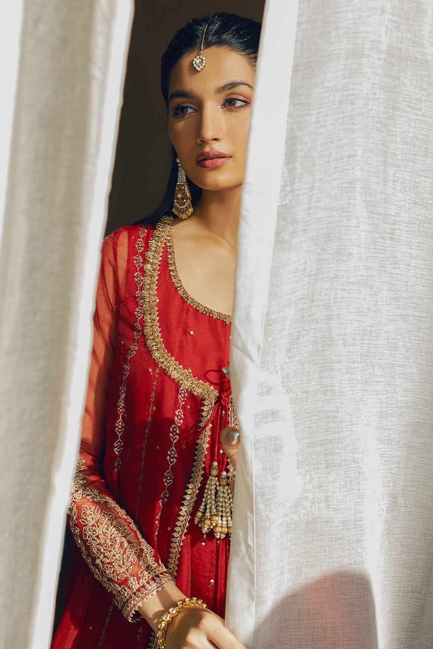 Pakistani Red Embroidered Organza Anarkali Dress (2-Piece) - Image 7