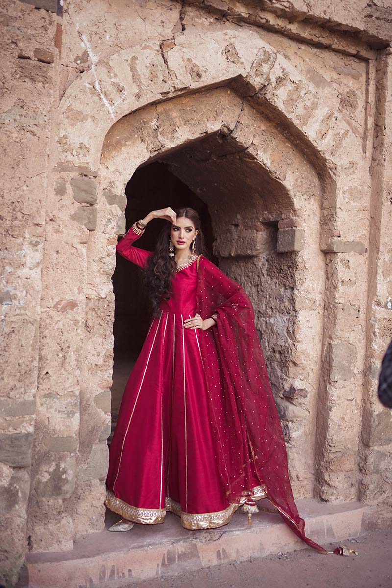 Pakistani Deep Red Gotta Patti Raw Silk Anarkali Dress (2-Piece) - Image 1