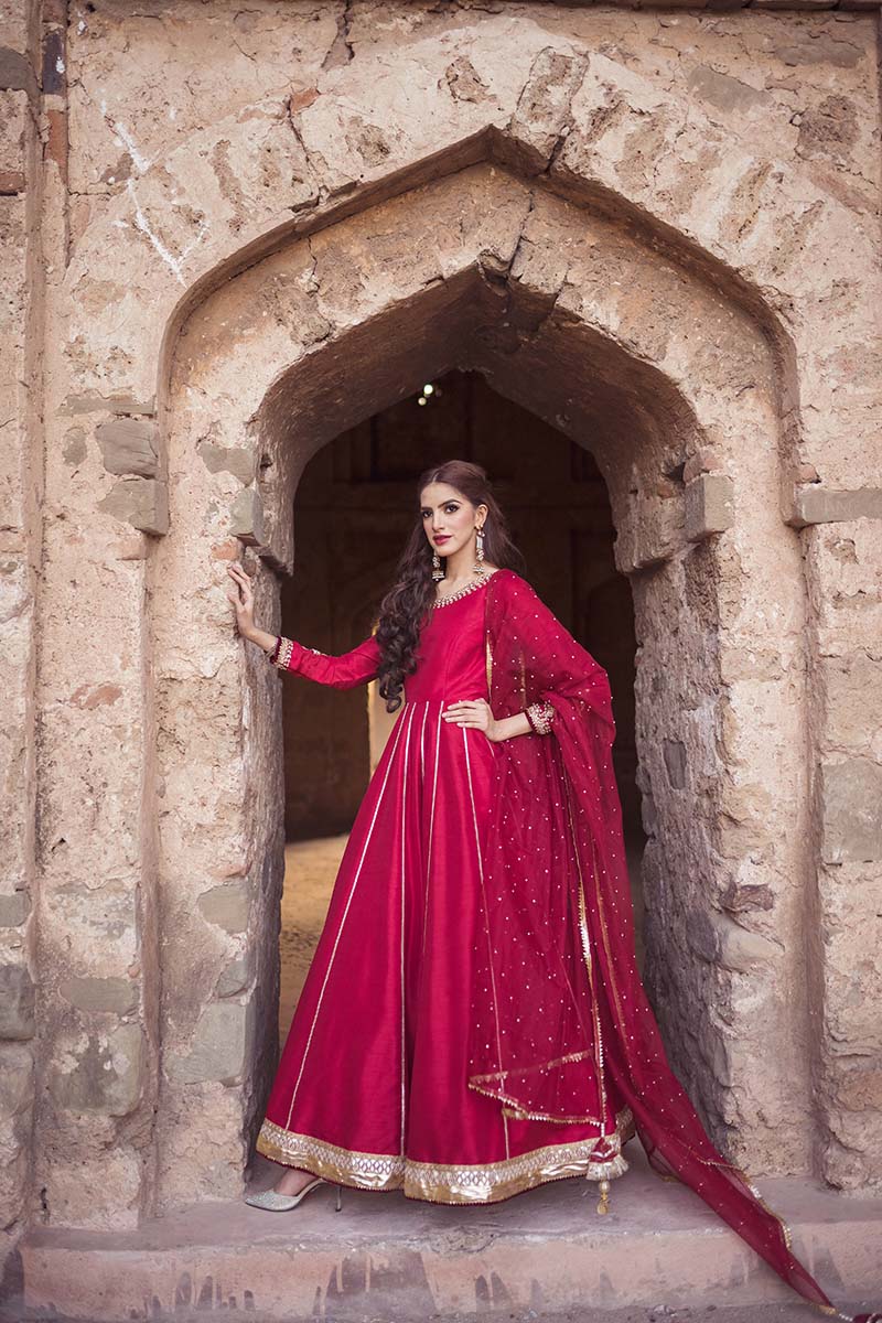 Pakistani Deep Red Gotta Patti Raw Silk Anarkali Dress (2-Piece) - Image 2