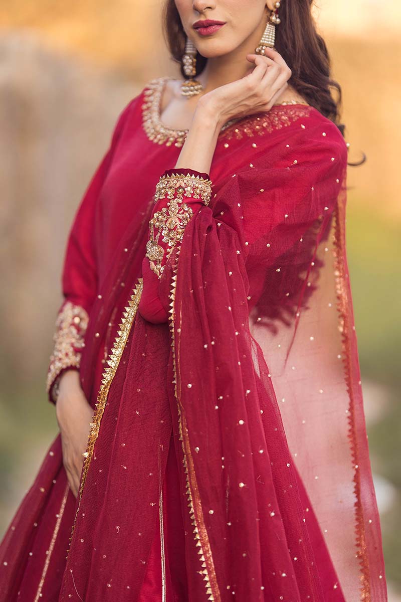 Pakistani Deep Red Gotta Patti Raw Silk Anarkali Dress (2-Piece) - Image 4