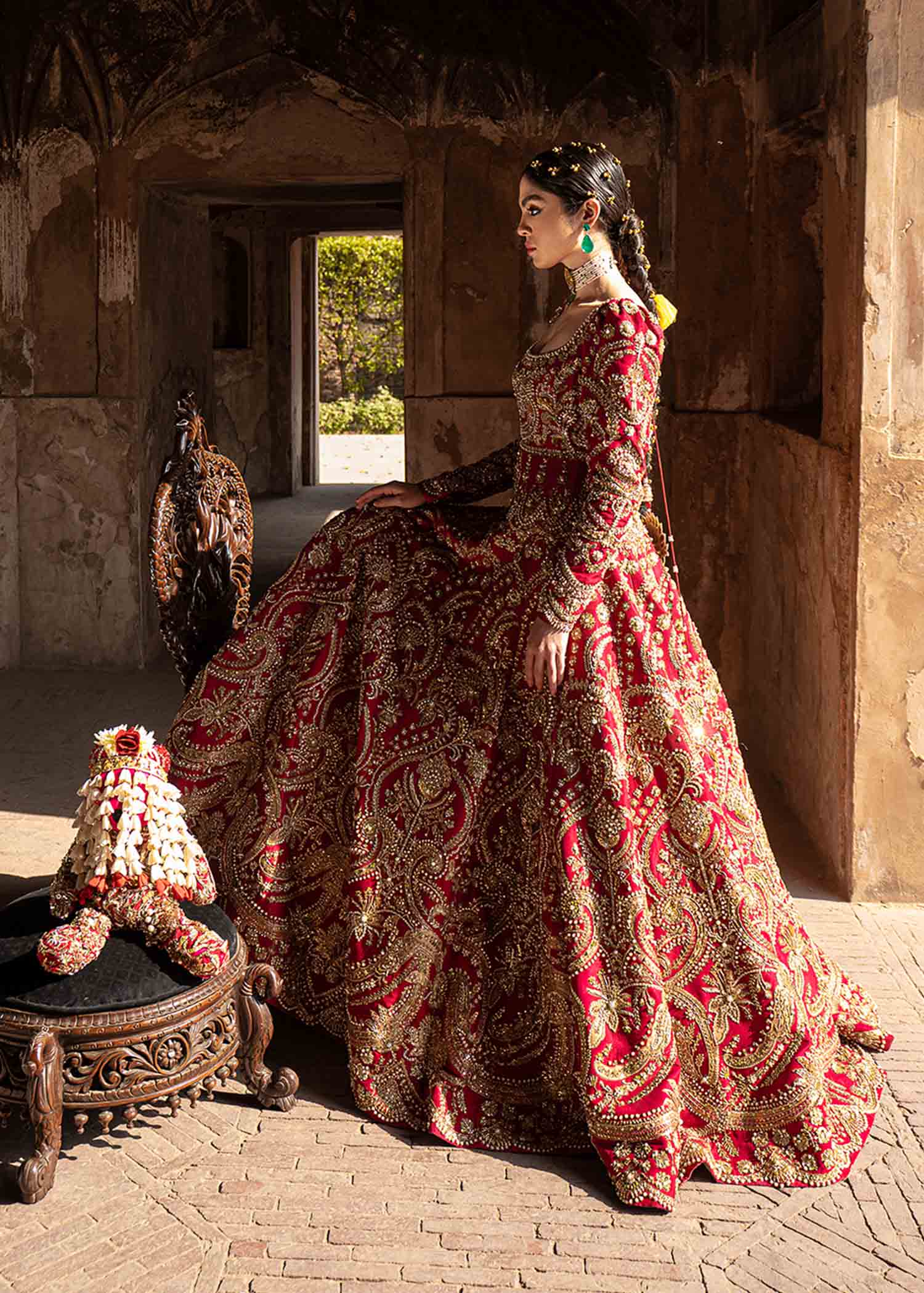 Crimson Red Naqshi Aari Raw Silk Anarkali (3-Piece) - Image 10