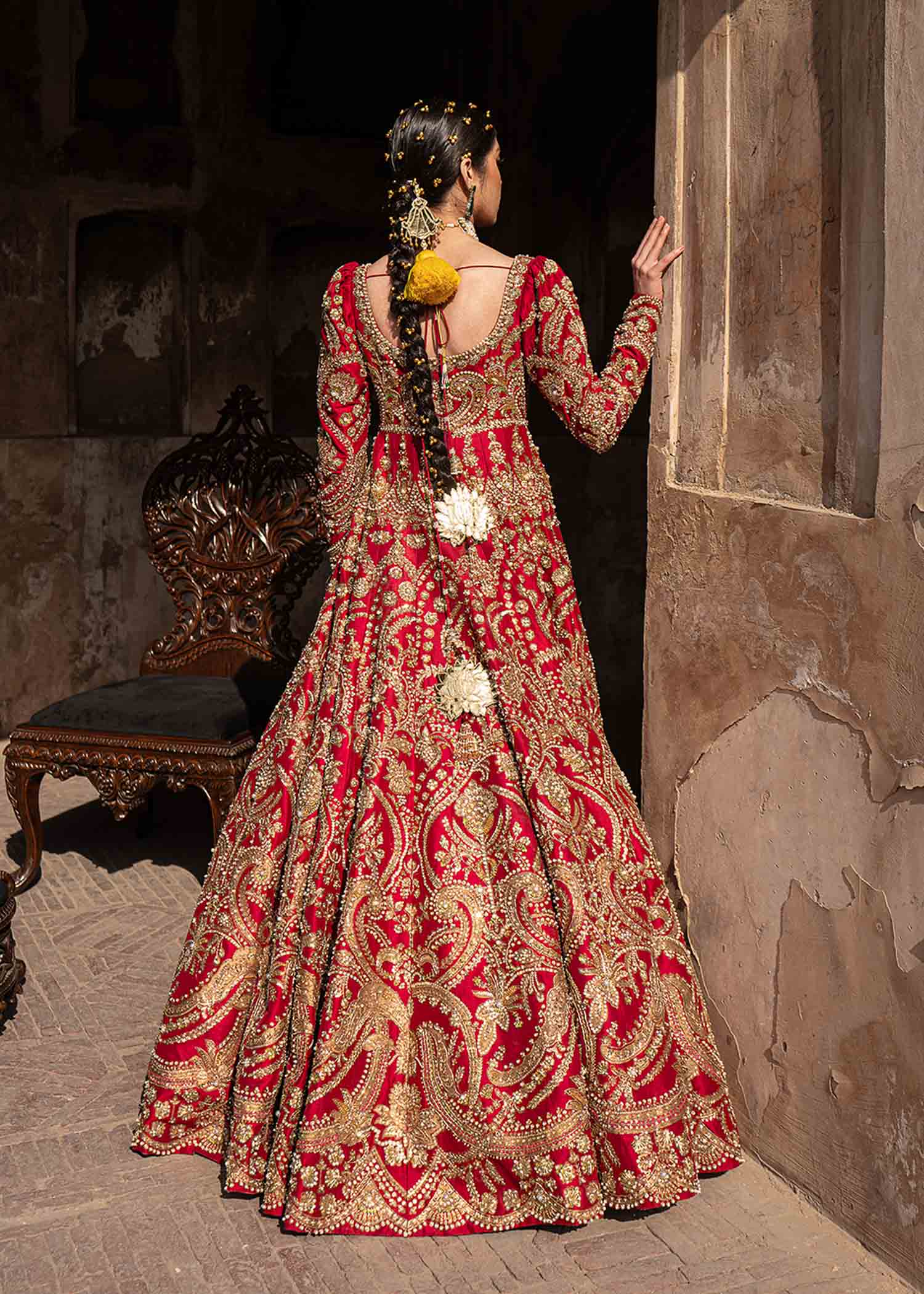 Crimson Red Naqshi Aari Raw Silk Anarkali (3-Piece) - Image 11