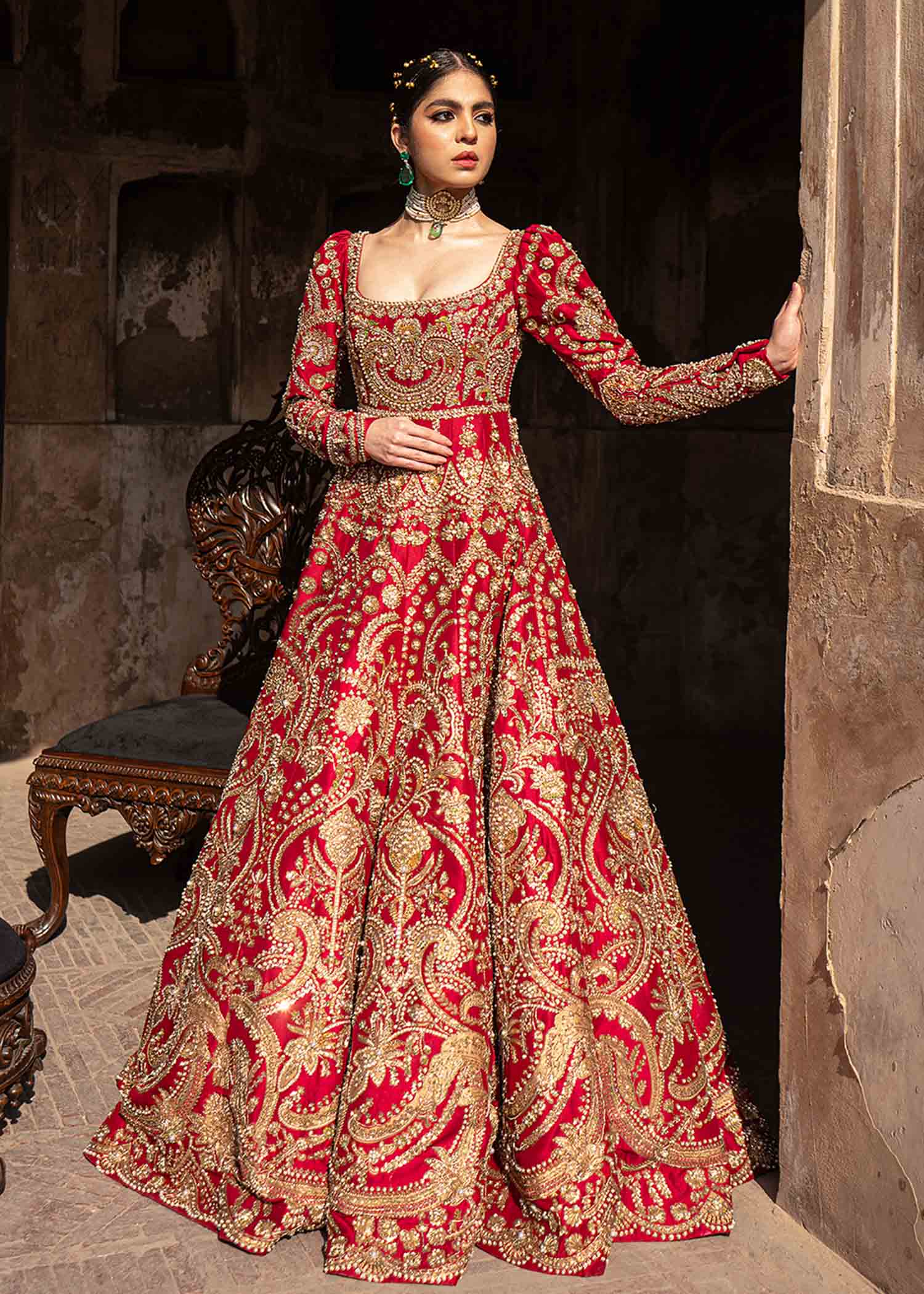 Crimson Red Naqshi Aari Raw Silk Anarkali (3-Piece) - Image 7