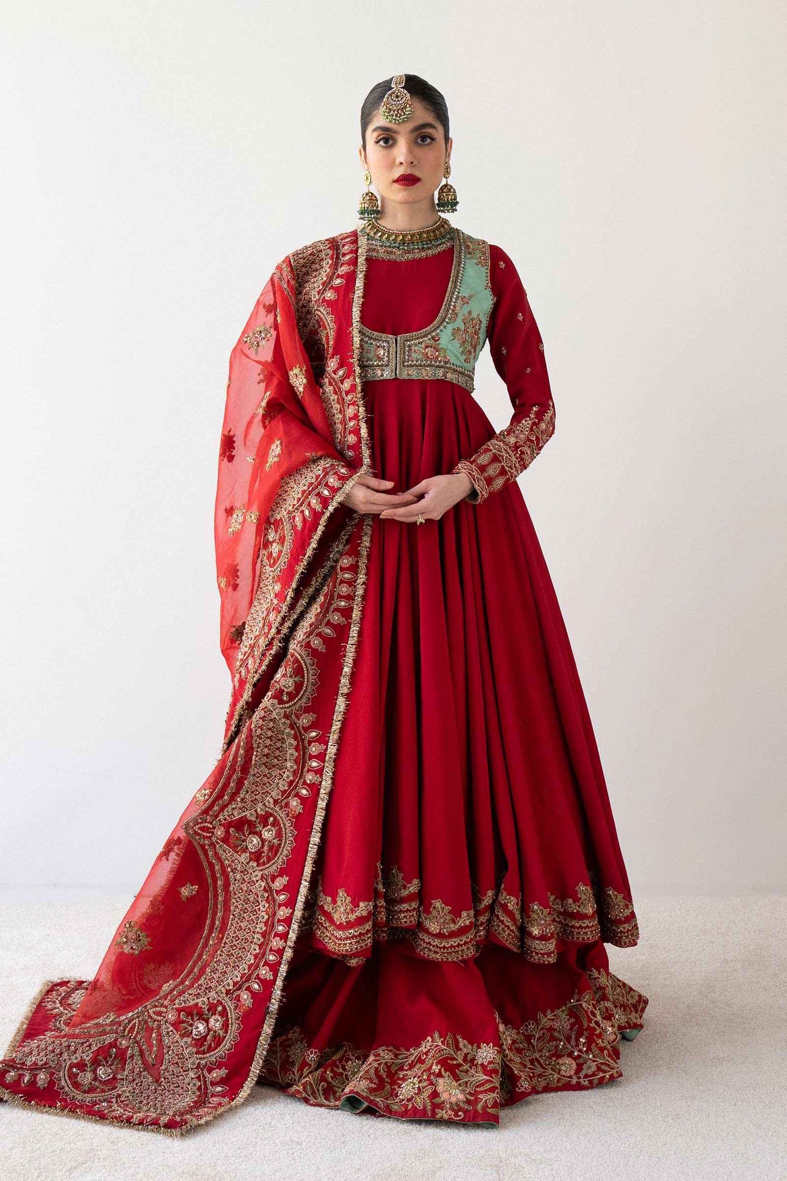 Pakistani Red Hand-Embellished Bamber Raw Silk Anarkali (3-Piece) - Image 1