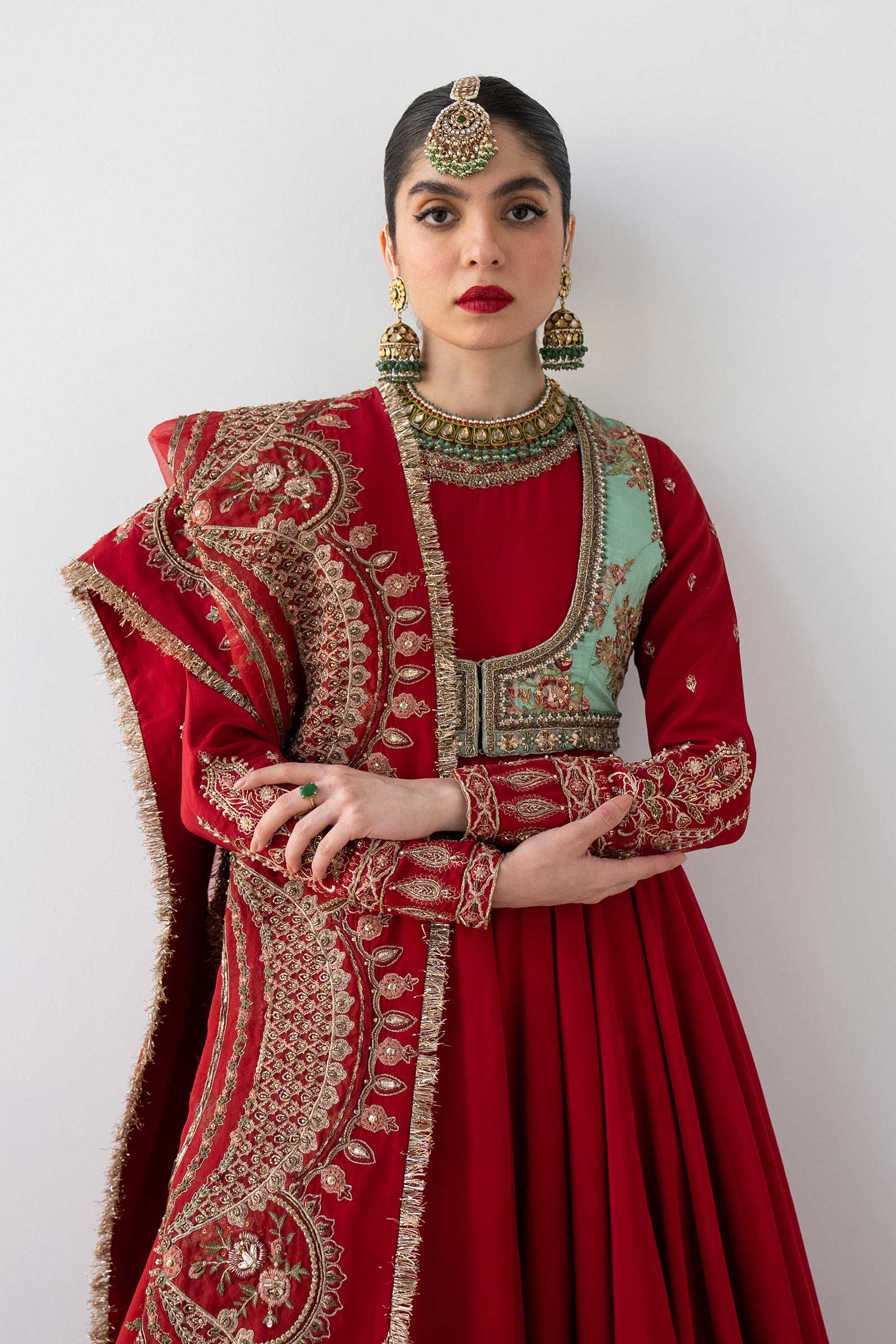 Pakistani Red Hand-Embellished Bamber Raw Silk Anarkali (3-Piece) - Image 2