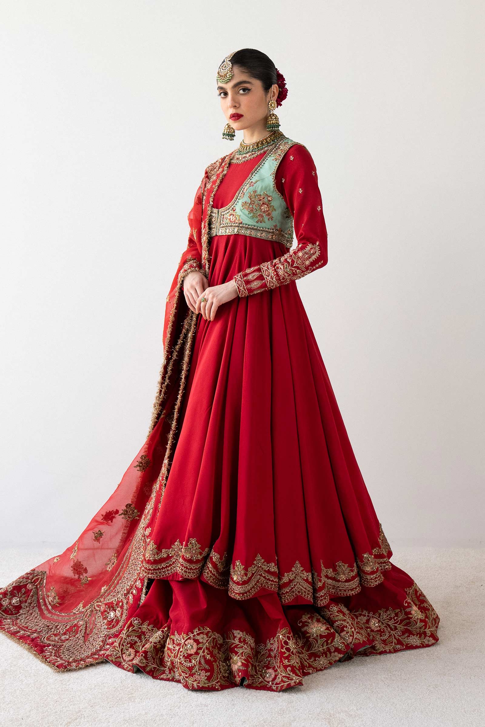 Pakistani Red Hand-Embellished Bamber Raw Silk Anarkali (3-Piece) - Image 3