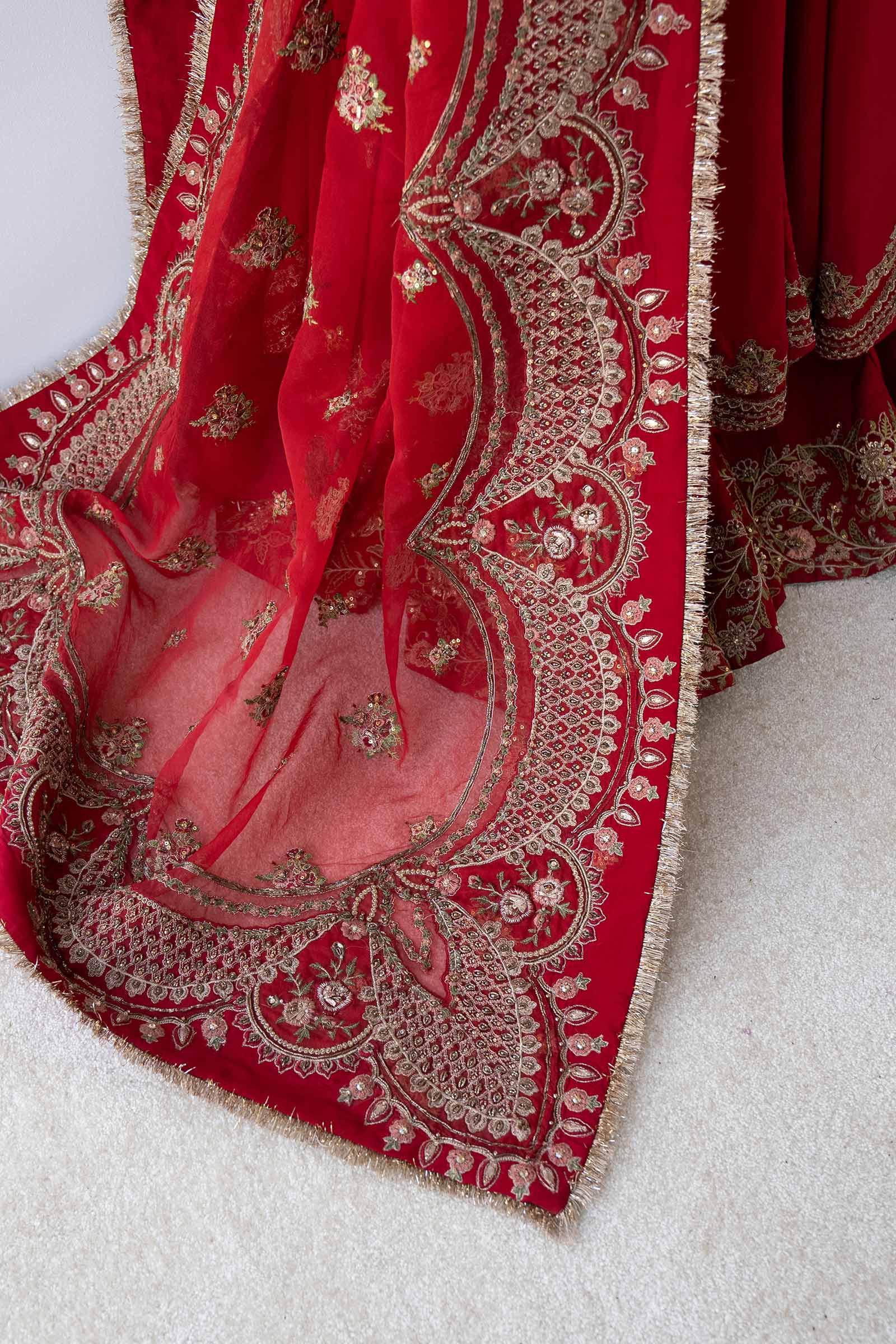 Pakistani Red Hand-Embellished Bamber Raw Silk Anarkali (3-Piece) - Image 4