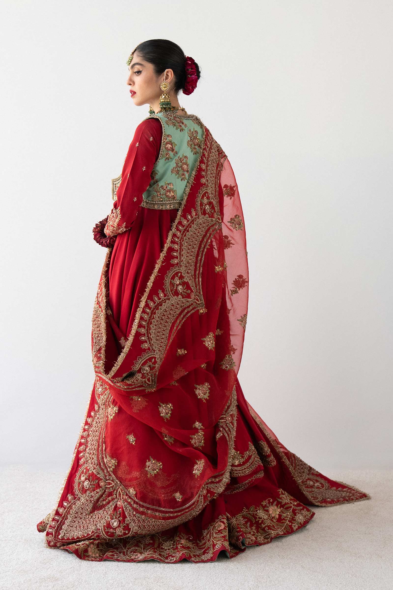 Pakistani Red Hand-Embellished Bamber Raw Silk Anarkali (3-Piece) - Image 5