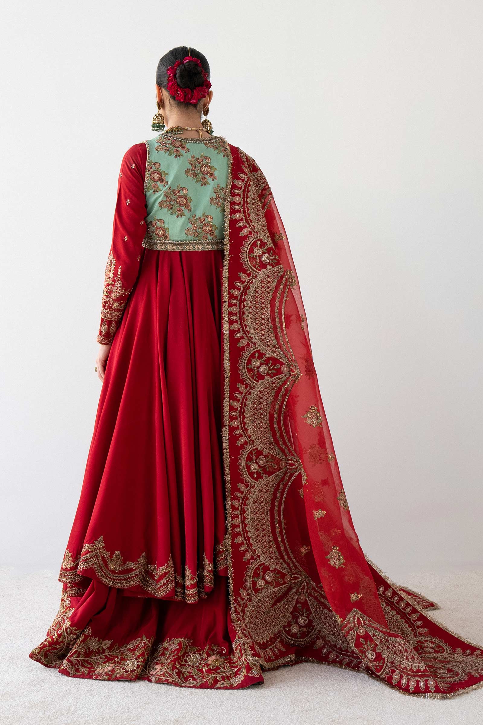 Pakistani Red Hand-Embellished Bamber Raw Silk Anarkali (3-Piece) - Image 6