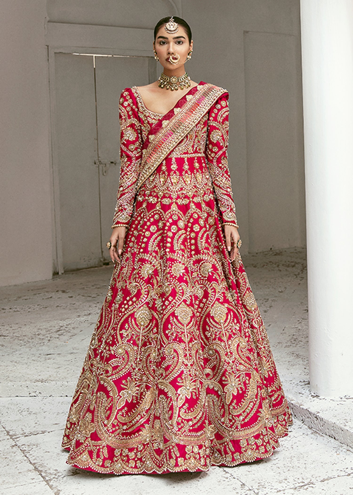 Pakistani Crimson Red Zardozi Raw Silk Anarkali Dress (3-Piece) - Image 1