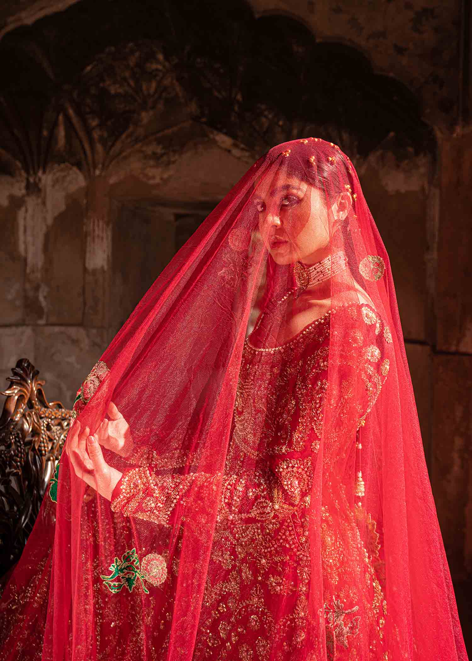 Pakistani Crimson Red Zardozi Raw Silk Anarkali Dress (3-Piece) - Image 9