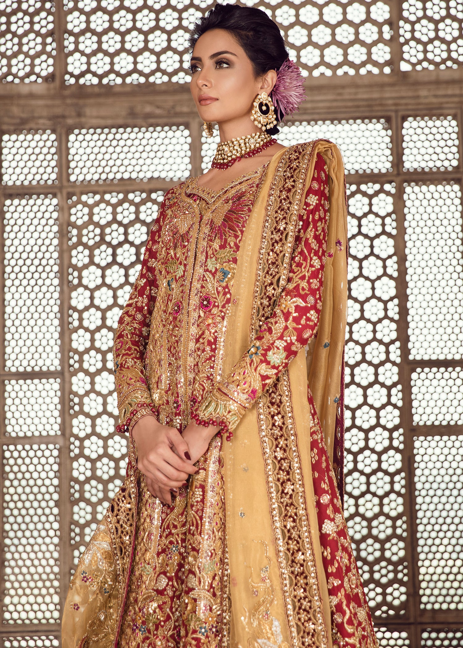 Deep Red Gold Embroidered Raw Silk Anarkali (2-Piece) - Image 2