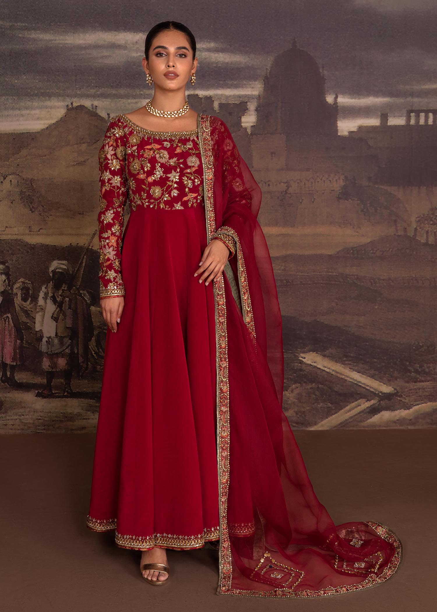 Deep Red Zardozi Raw Silk Anarkali Dress (2-Piece) - Image 1