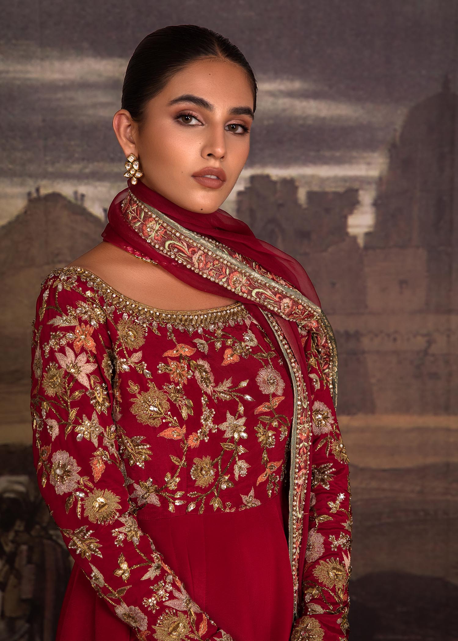 Deep Red Zardozi Raw Silk Anarkali Dress (2-Piece) - Image 2