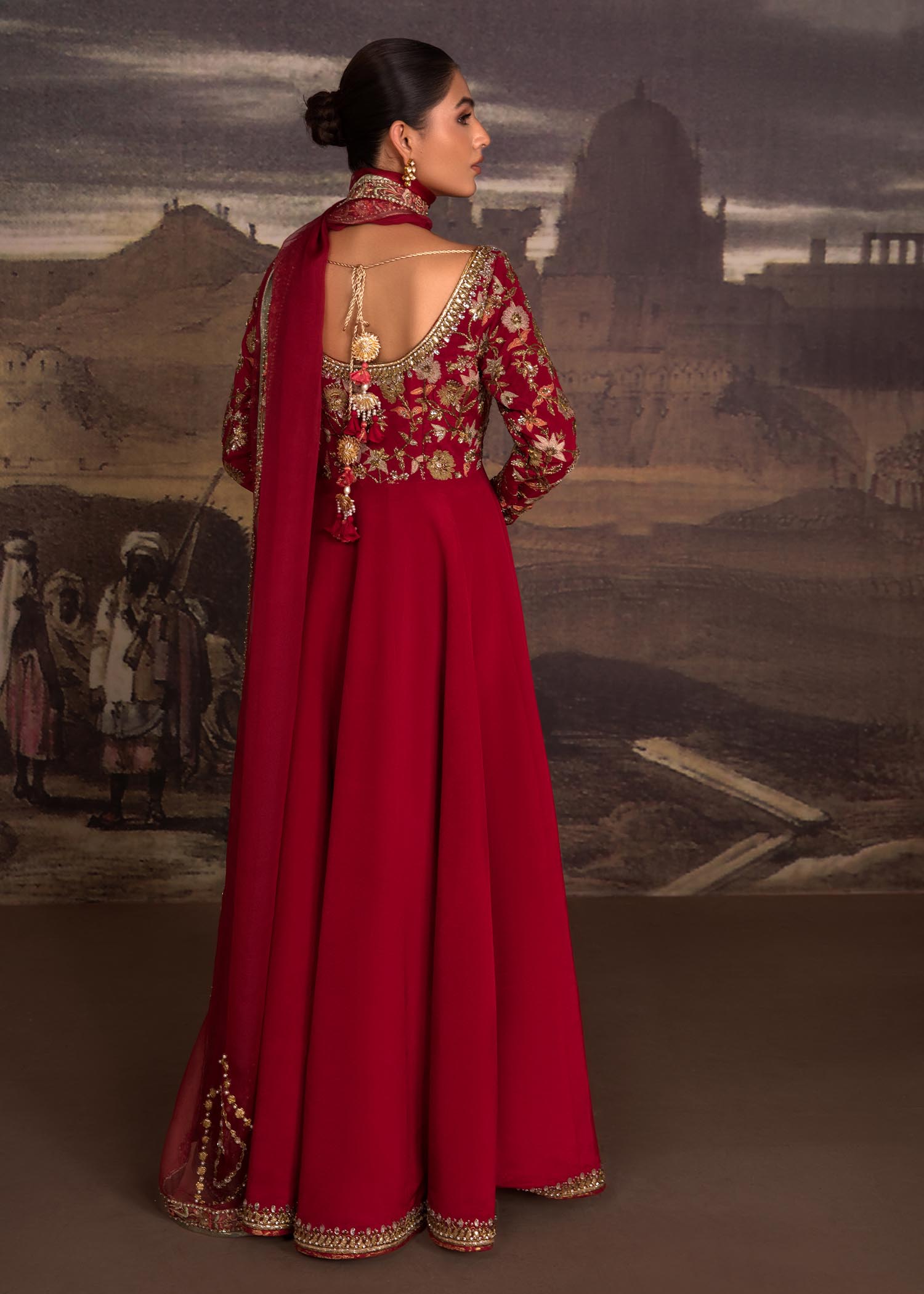 Deep Red Zardozi Raw Silk Anarkali Dress (2-Piece) - Image 3