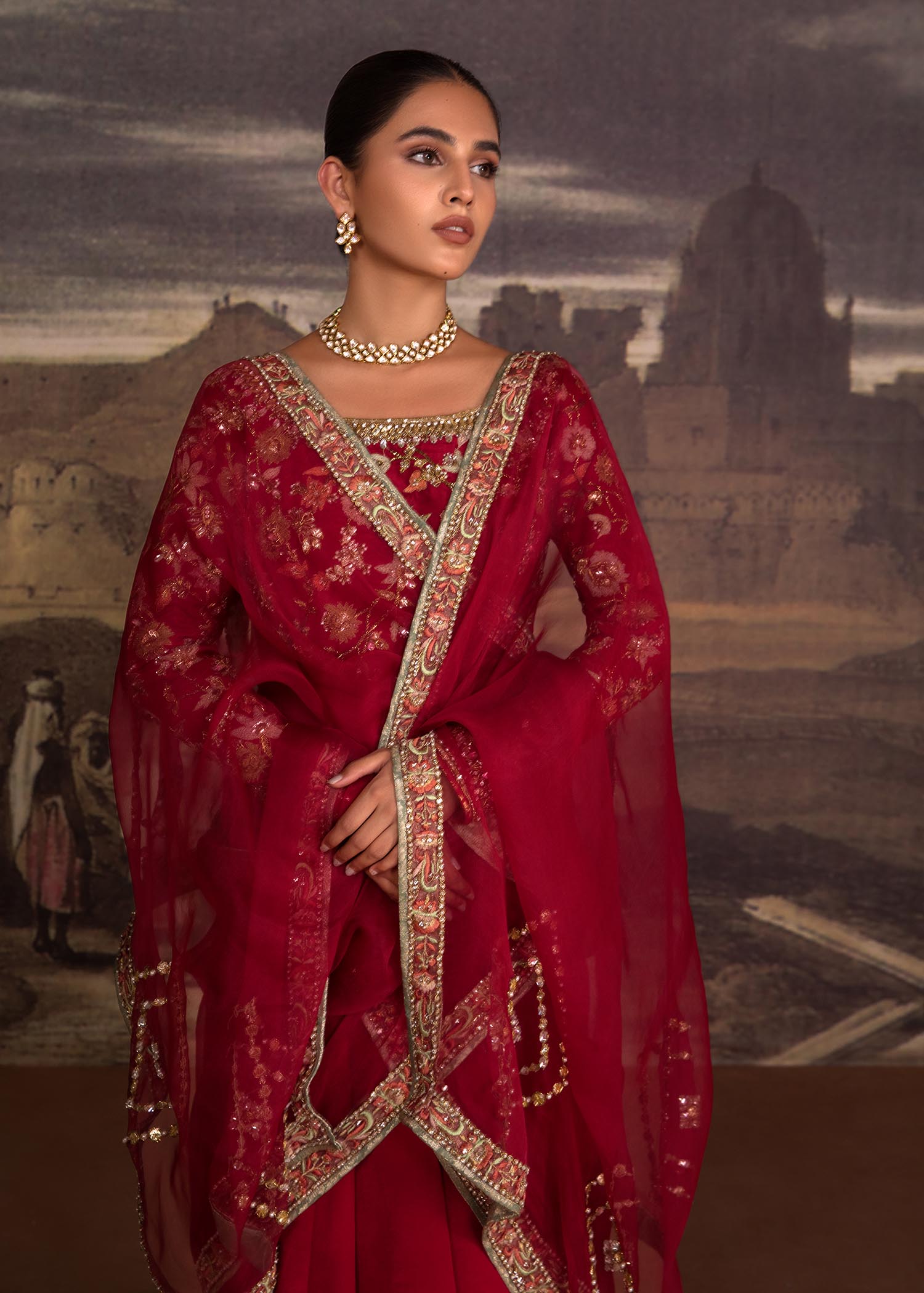Deep Red Zardozi Raw Silk Anarkali Dress (2-Piece) - Image 4
