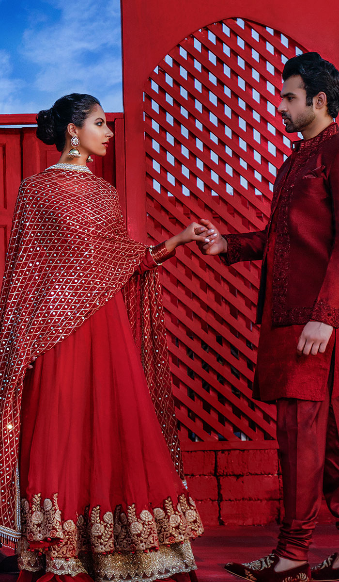 Deep Red Embroidered Net Silk Anarkali Dress (2-Piece) - Image 1