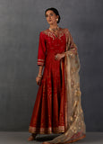 Crimson Red Embroidered Silk Chanderi Anarkali (3-Piece) - Image 2