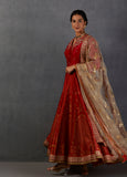 Crimson Red Embroidered Silk Chanderi Anarkali (3-Piece) - Image 3