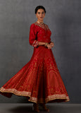 Crimson Red Embroidered Silk Chanderi Anarkali (3-Piece) - Image 9