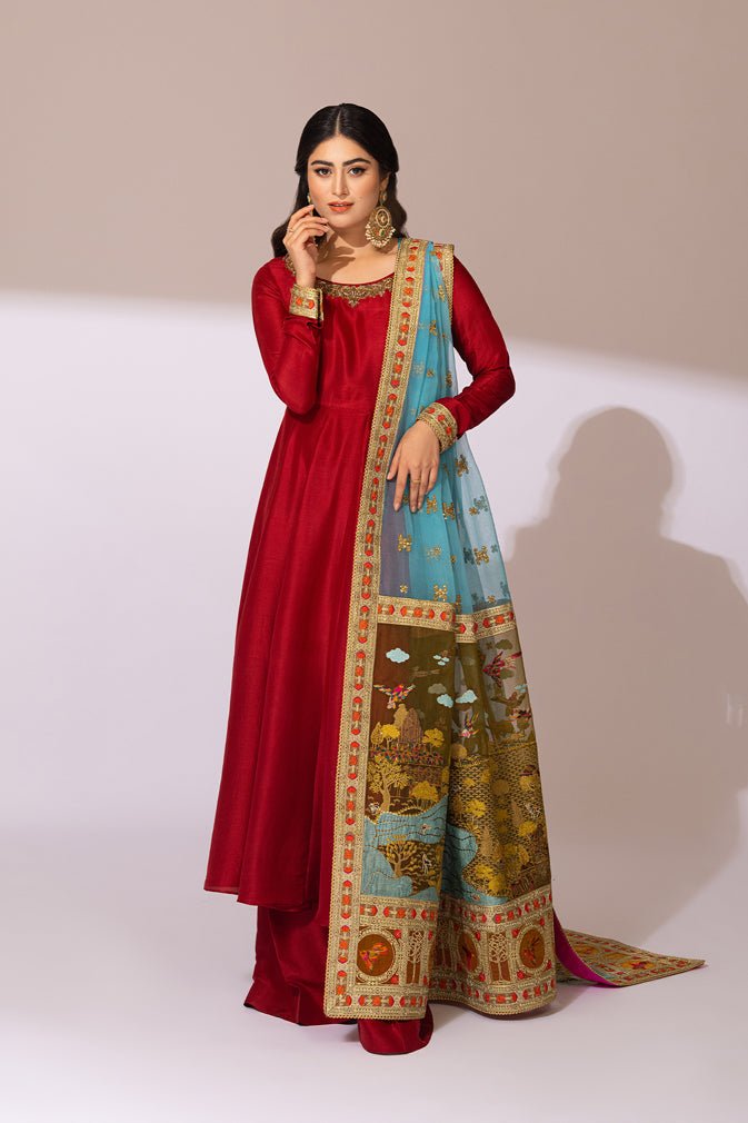 Pakistani Crimson Embroidered Silk Anarkali Dress (3-Piece) - Image 5