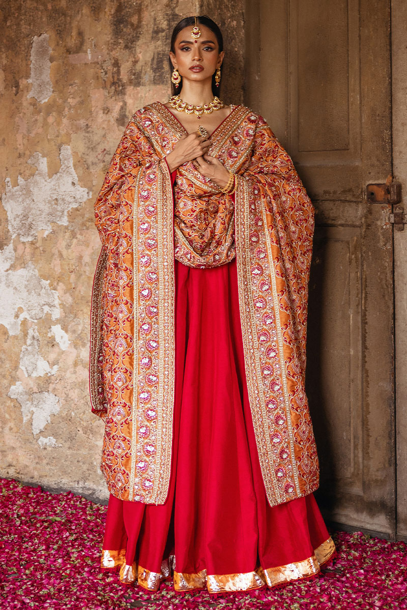 Pakistani Rust Hand-Embroidered Silk Anarkali Dress (2-Piece) - Image 1