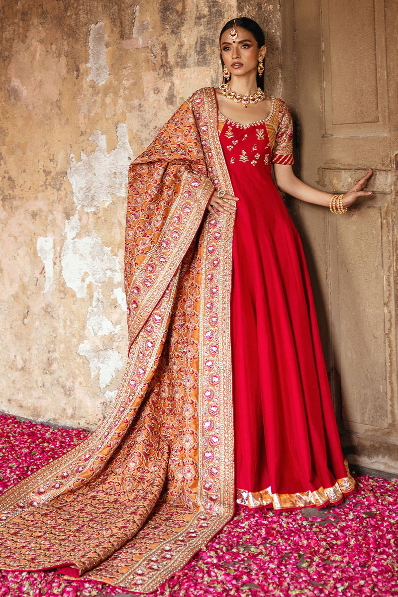 Pakistani Rust Hand-Embroidered Silk Anarkali Dress (2-Piece) - Image 5