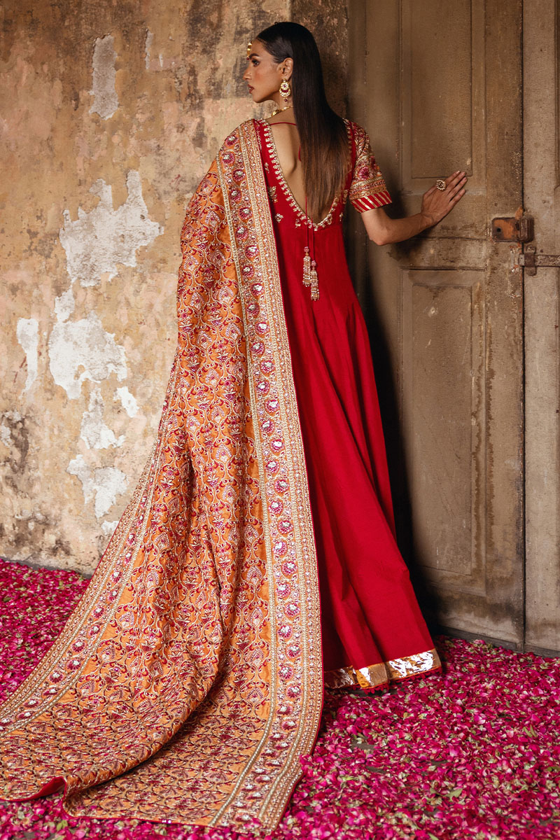 Pakistani Rust Hand-Embroidered Silk Anarkali Dress (2-Piece) - Image 6