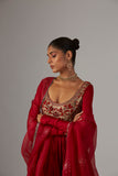 Red Embroidered Silk & Lame Anarkali Dress (2-Piece) - Image 2