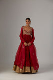 Red Embroidered Silk & Lame Anarkali Dress (2-Piece) - Image 3