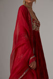 Red Embroidered Silk & Lame Anarkali Dress (2-Piece) - Image 6