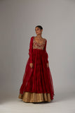 Red Embroidered Silk & Lame Anarkali Dress (2-Piece) - Image 9