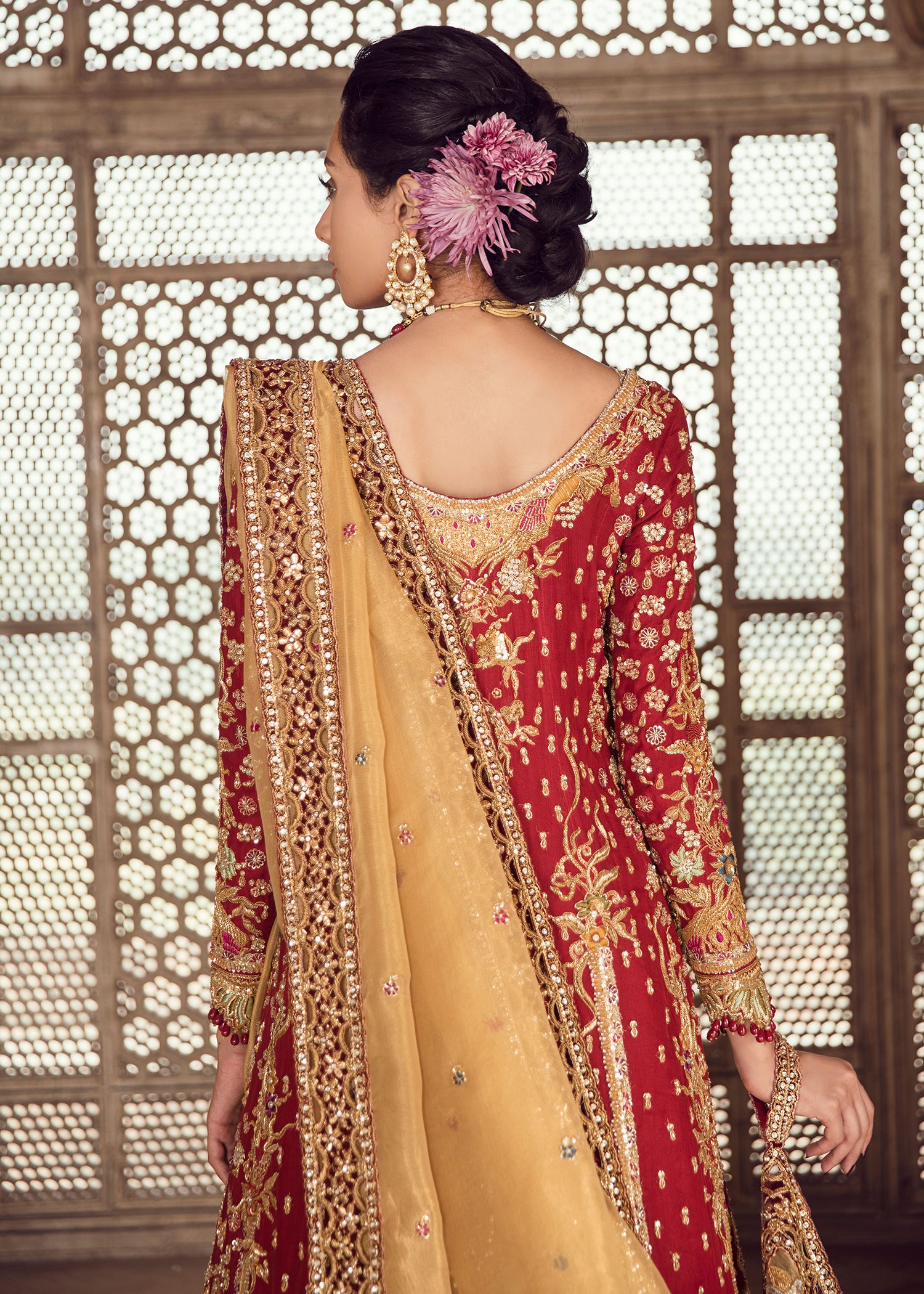 Pakistani Deep Red Zardozi Silk Anarkali Dress (2-Piece) - Image 4