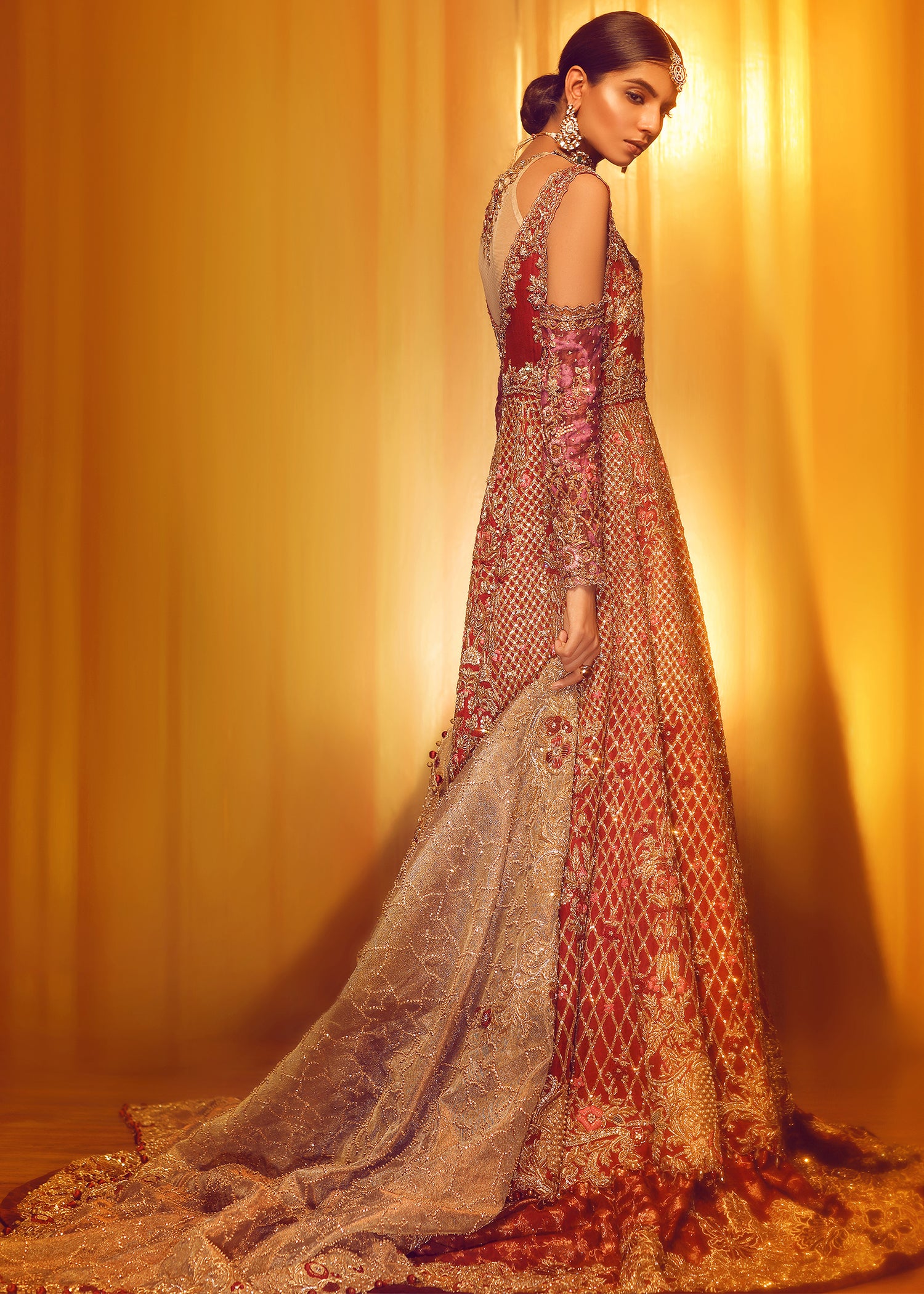 Deep Red Gold Embroidered Net Silk Anarkali (2-Piece) - Image 2