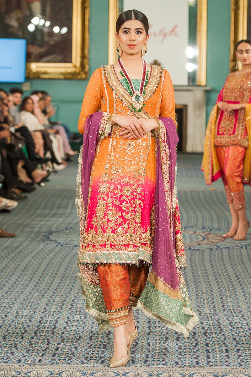 Rust and Pink Embroidered Chiffon Angarkha (3-Piece) - Image 1